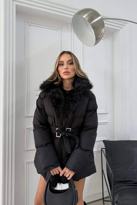 FAUX FUR DETAIL LACING WOMEN PUFFER JACKET BLACK/ E ZEZE - 3