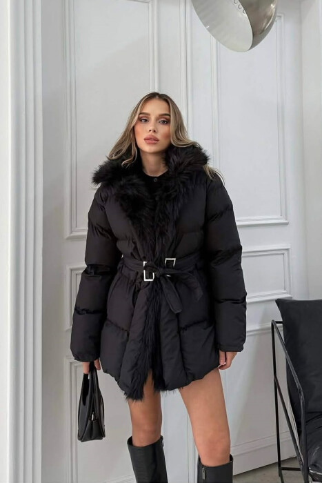 FAUX FUR DETAIL LACING WOMEN PUFFER JACKET BLACK/ E ZEZE - KLAUDIO FASHION