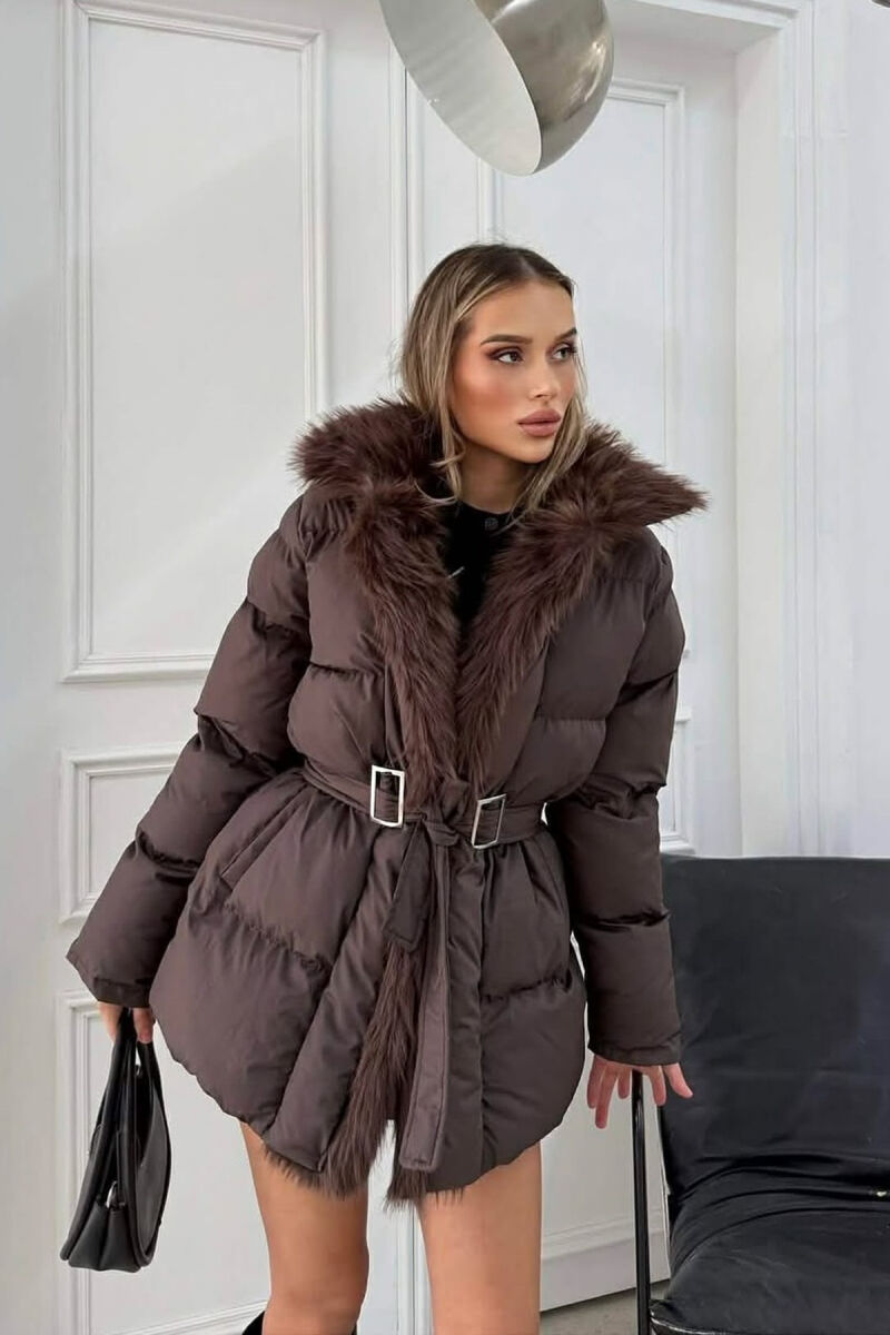 FAUX FUR DETAIL LACING WOMEN PUFFER JACKET BROWN/KAFE - 2