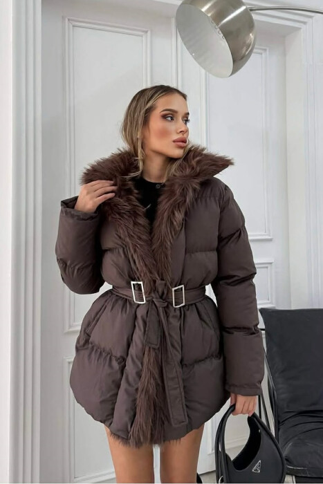 FAUX FUR DETAIL LACING WOMEN PUFFER JACKET BROWN/KAFE - 3