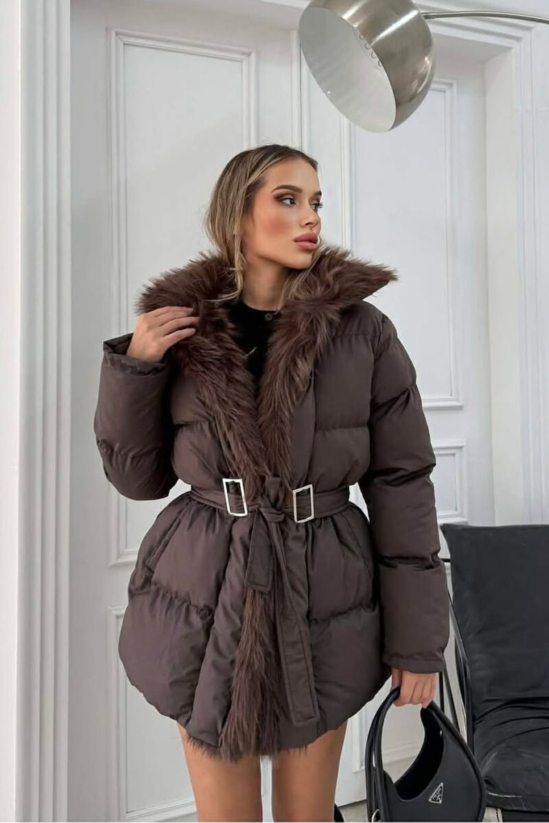 FAUX FUR DETAIL LACING WOMEN PUFFER JACKET BROWN/KAFE - 3