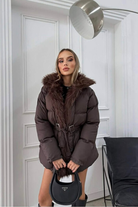 FAUX FUR DETAIL LACING WOMEN PUFFER JACKET BROWN/KAFE - 5