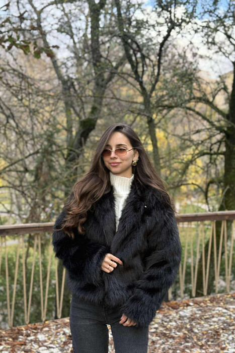 FAUX FUR HOODED WOMEN COAT BLACK/ E ZEZE - 2