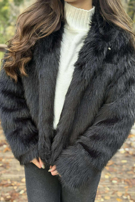 FAUX FUR HOODED WOMEN COAT BLACK/ E ZEZE - 3