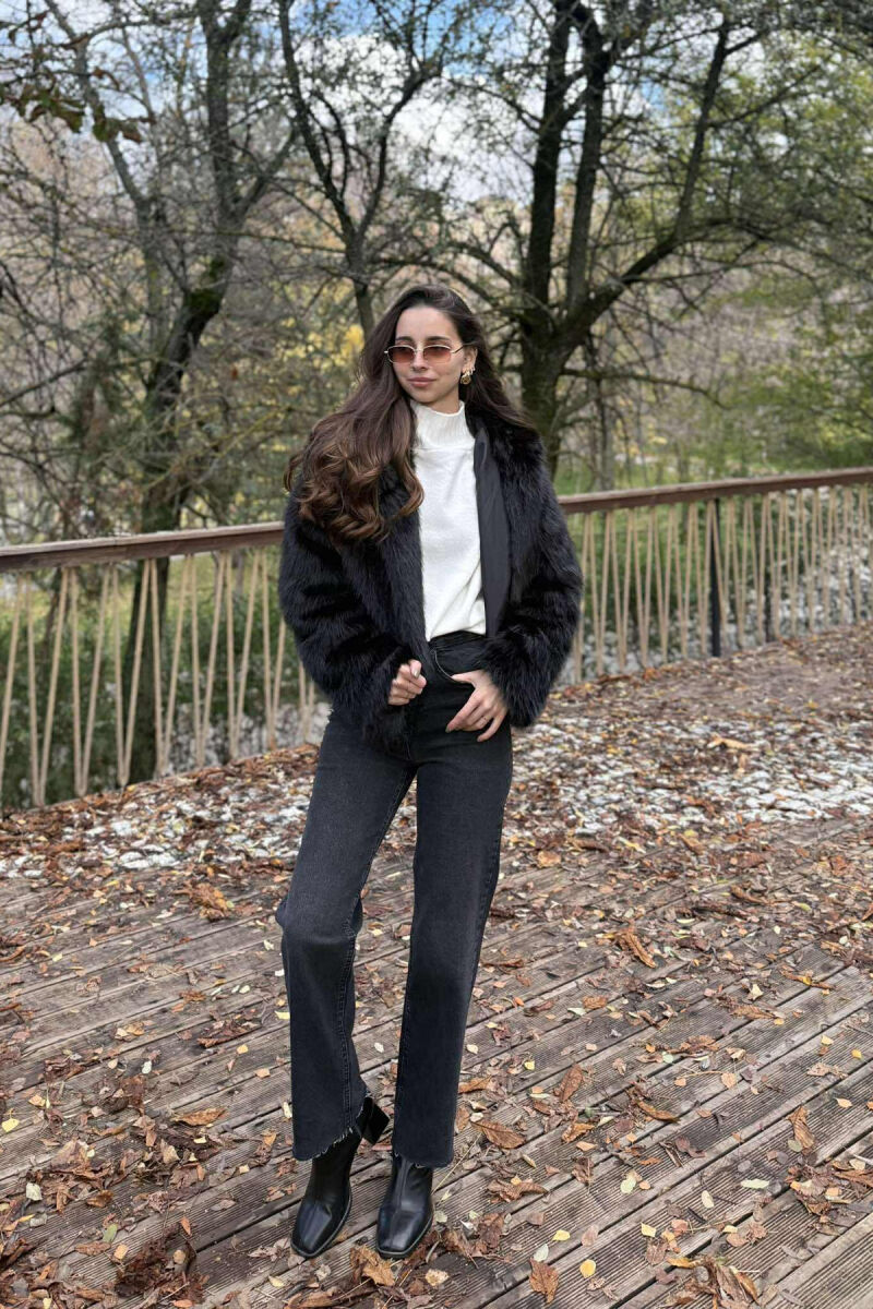 FAUX FUR HOODED WOMEN COAT BLACK/ E ZEZE - 4