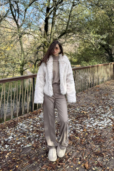 FAUX FUR HOODED WOMEN COAT CREAM/KREM 