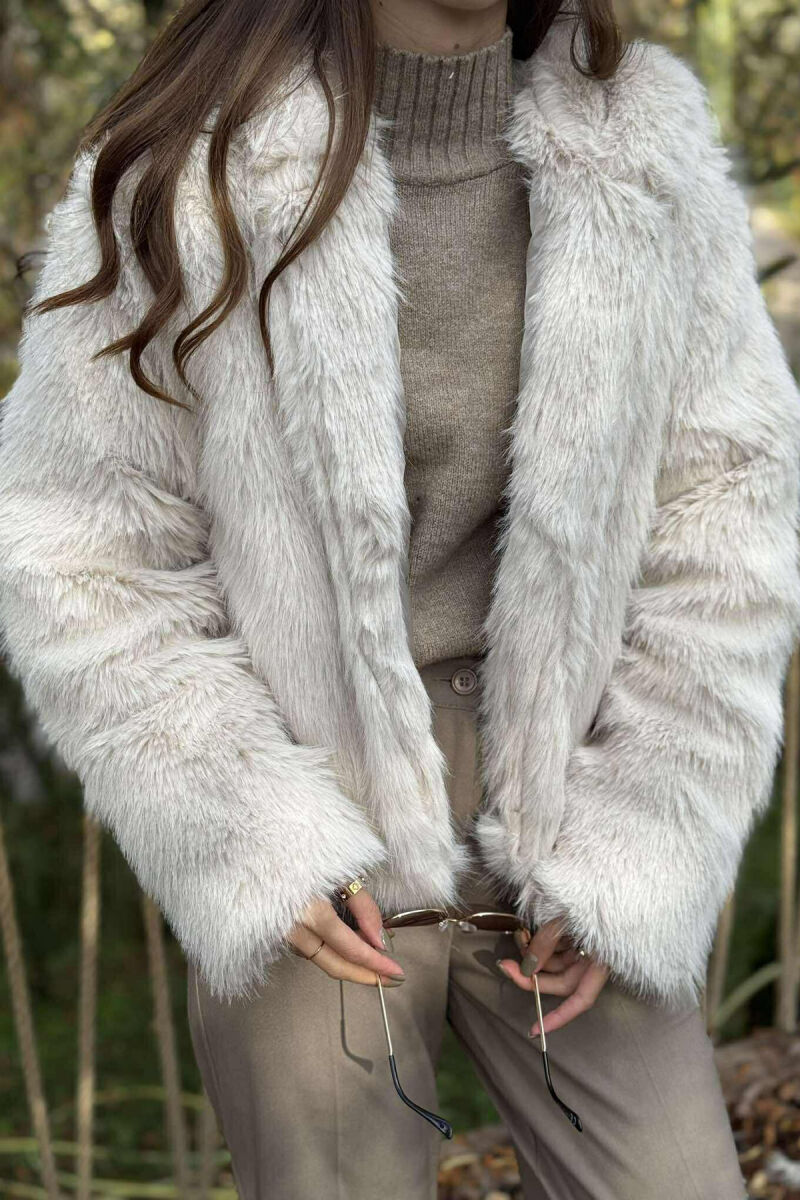 FAUX FUR HOODED WOMEN COAT CREAM/KREM - 2