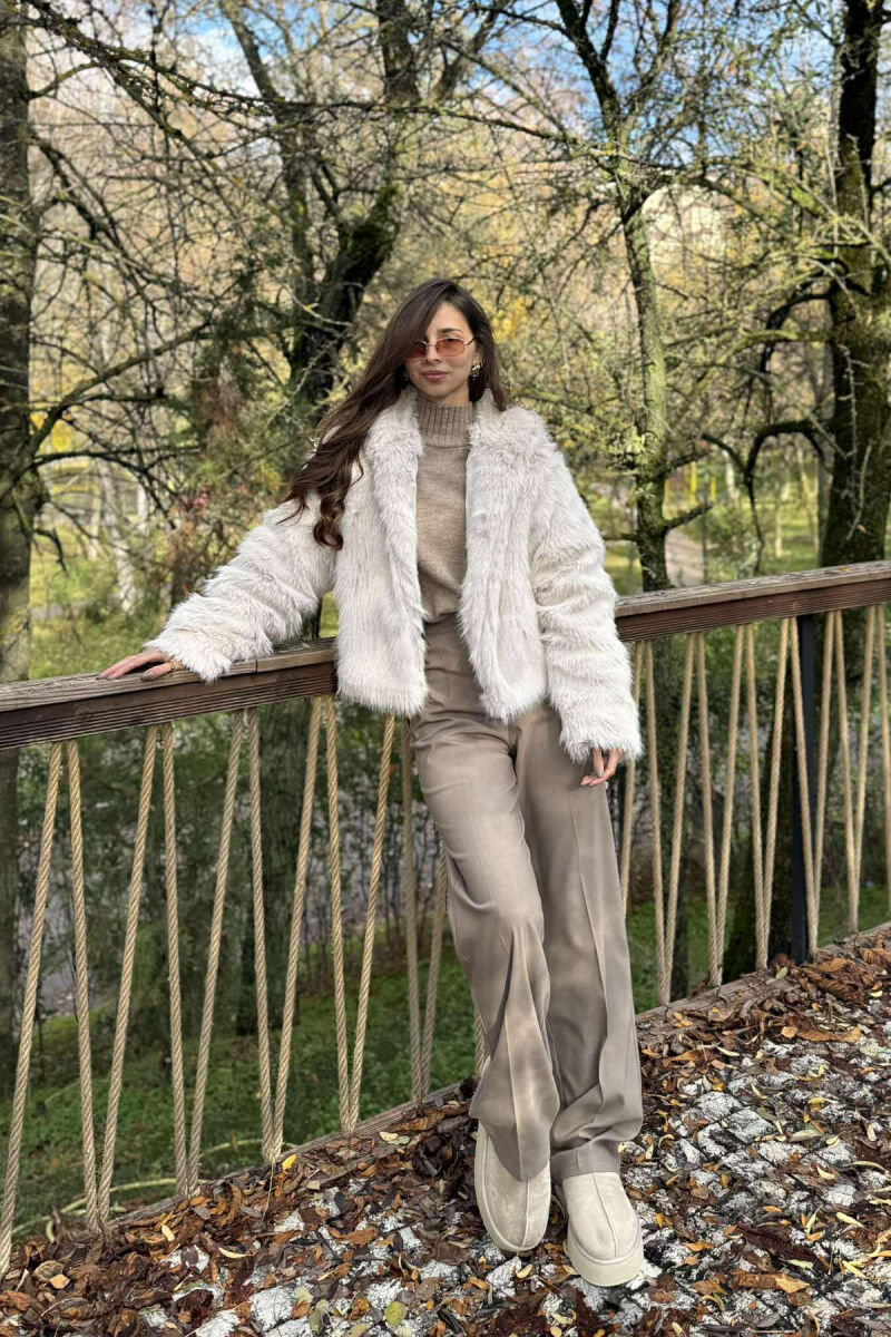 FAUX FUR HOODED WOMEN COAT CREAM/KREM - 3