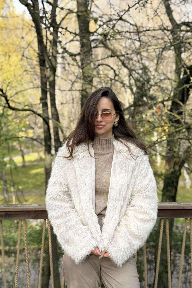 FAUX FUR HOODED WOMEN COAT CREAM/KREM - 4