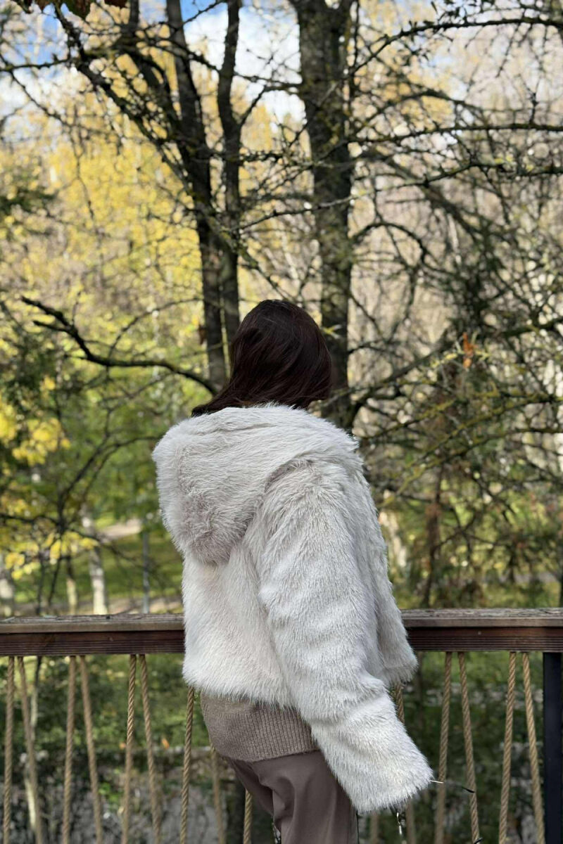 FAUX FUR HOODED WOMEN COAT CREAM/KREM - 5