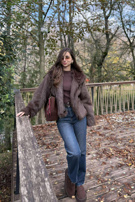 FAUX FUR HOODED WOMEN COAT DARK BROWN/KAE 