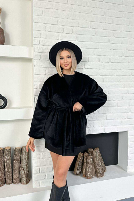 FAUX FUR LACING ONE COLOR WOMEN COAT BLACK/ E ZEZE - 7