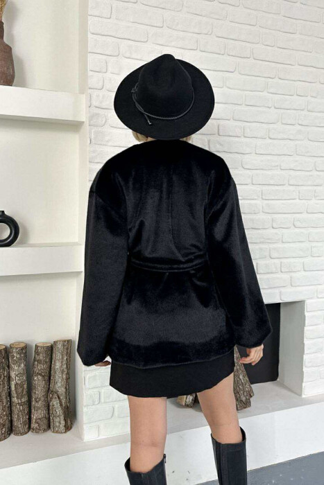 FAUX FUR LACING ONE COLOR WOMEN COAT BLACK/ E ZEZE - 8