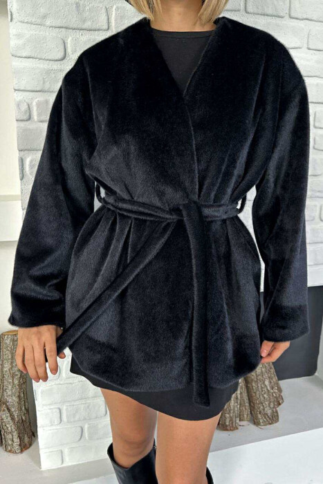 FAUX FUR LACING ONE COLOR WOMEN COAT BLACK/ E ZEZE - 9