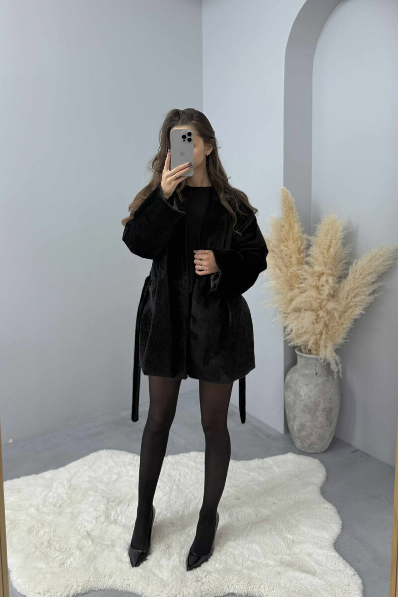 FAUX FUR LACING ONE COLOR WOMEN COAT BLACK/ E ZEZE - 1