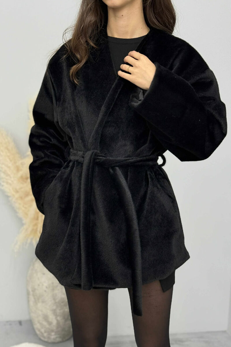 FAUX FUR LACING ONE COLOR WOMEN COAT BLACK/ E ZEZE - 4