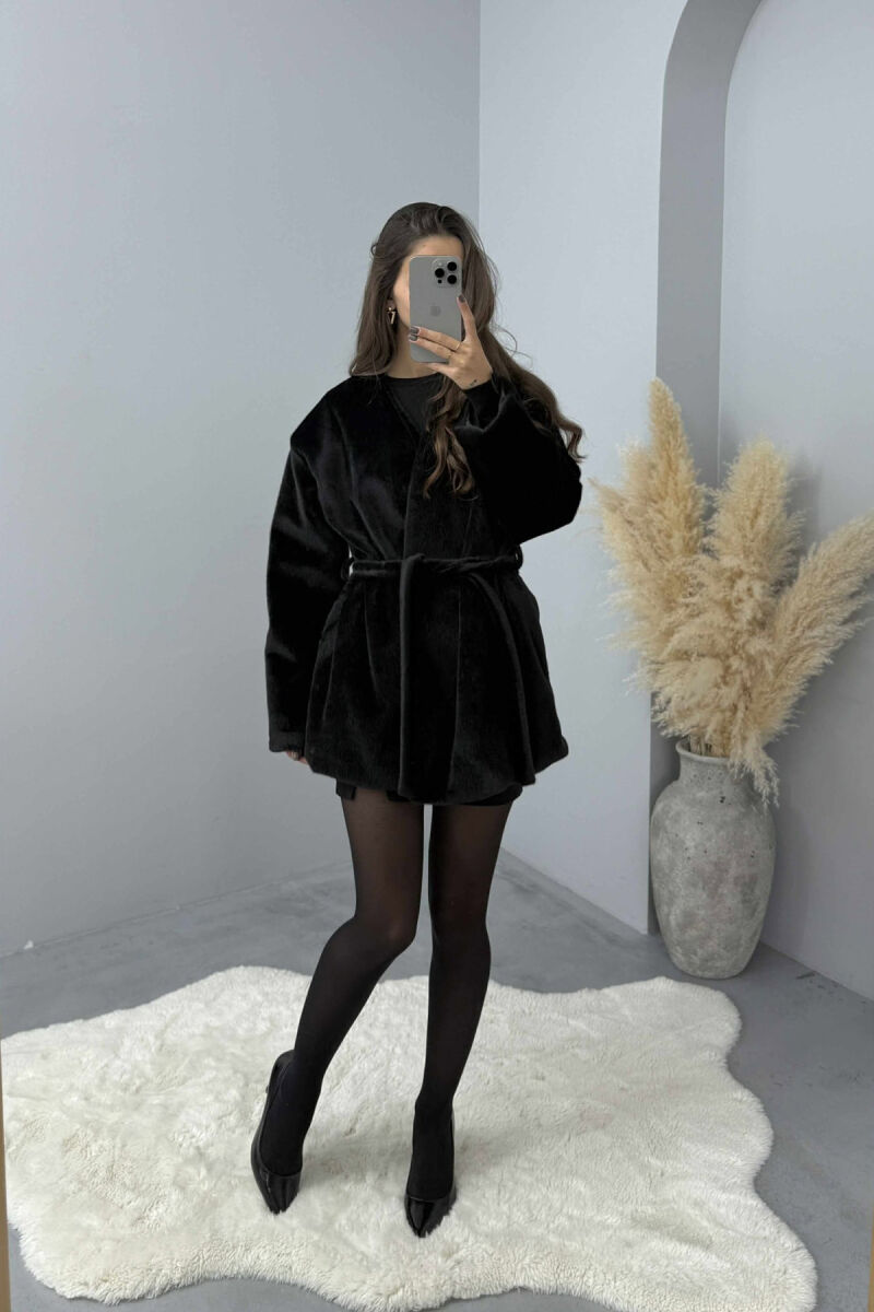 FAUX FUR LACING ONE COLOR WOMEN COAT BLACK/ E ZEZE - 6