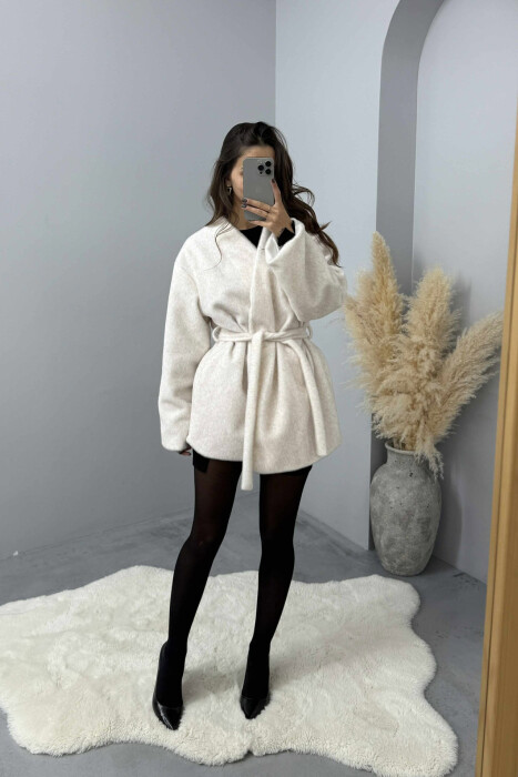 FAUX FUR LACING ONE COLOR WOMEN COAT CREAM/KREM - KLAUDIO FASHION