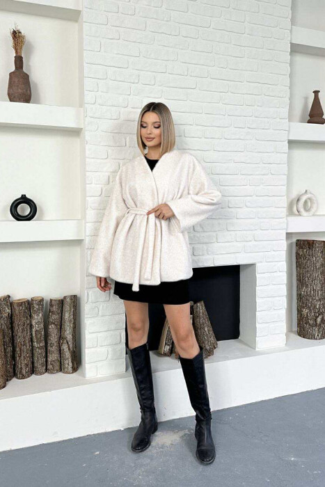 FAUX FUR LACING ONE COLOR WOMEN COAT CREAM/KREM - 7