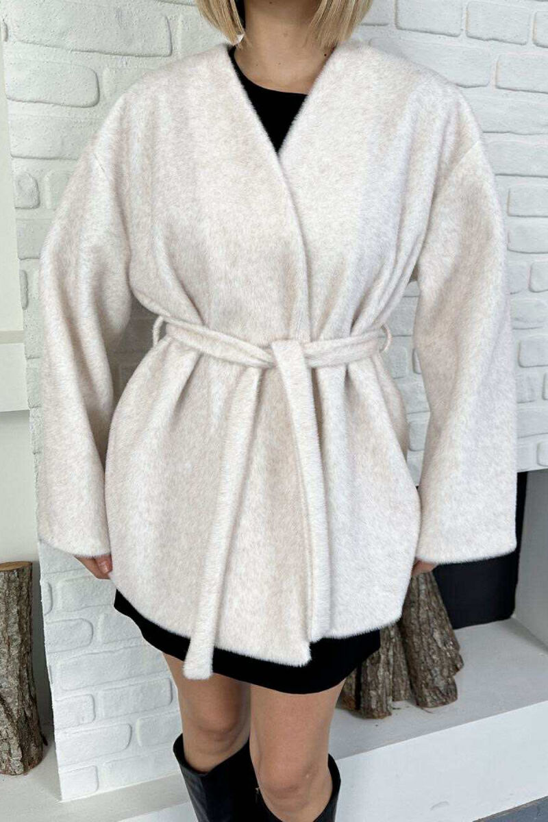 FAUX FUR LACING ONE COLOR WOMEN COAT CREAM/KREM - 8