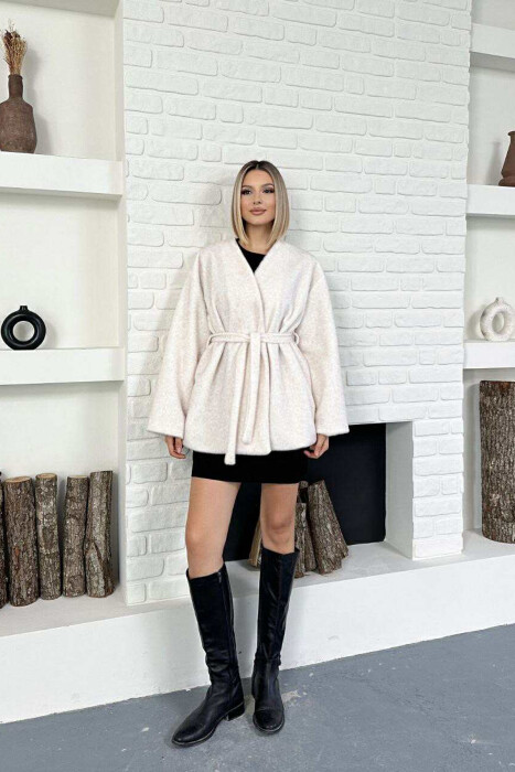 FAUX FUR LACING ONE COLOR WOMEN COAT CREAM/KREM - 9
