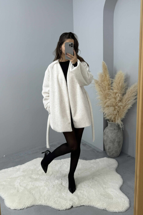 FAUX FUR LACING ONE COLOR WOMEN COAT CREAM/KREM - 2