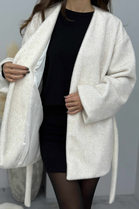 FAUX FUR LACING ONE COLOR WOMEN COAT CREAM/KREM - 4