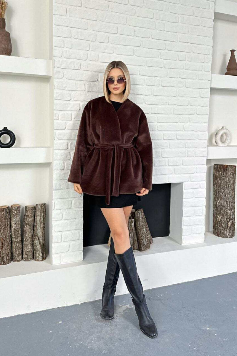 FAUX FUR LACING ONE COLOR WOMEN COAT DARK BROWN/KAE - 7