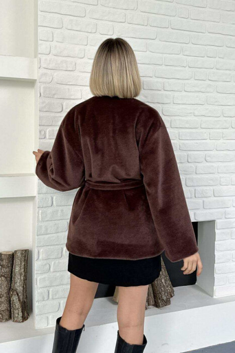 FAUX FUR LACING ONE COLOR WOMEN COAT DARK BROWN/KAE - 8