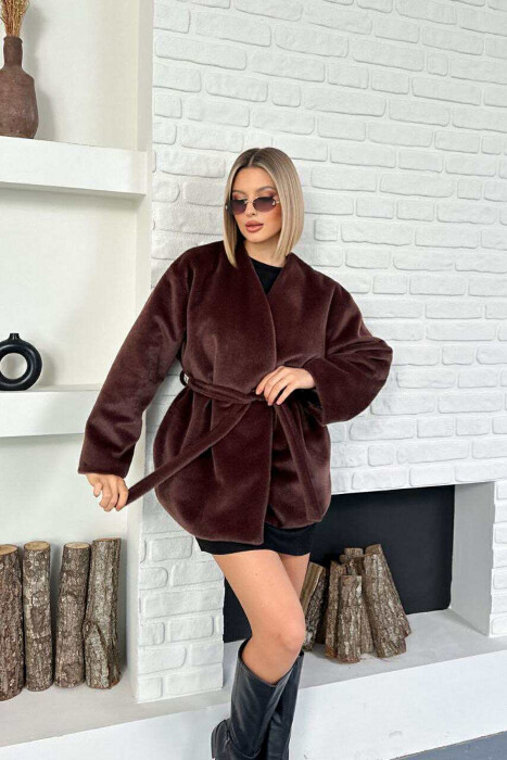 FAUX FUR LACING ONE COLOR WOMEN COAT DARK BROWN/KAE - 9