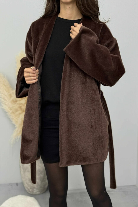 FAUX FUR LACING ONE COLOR WOMEN COAT DARK BROWN/KAE - 2