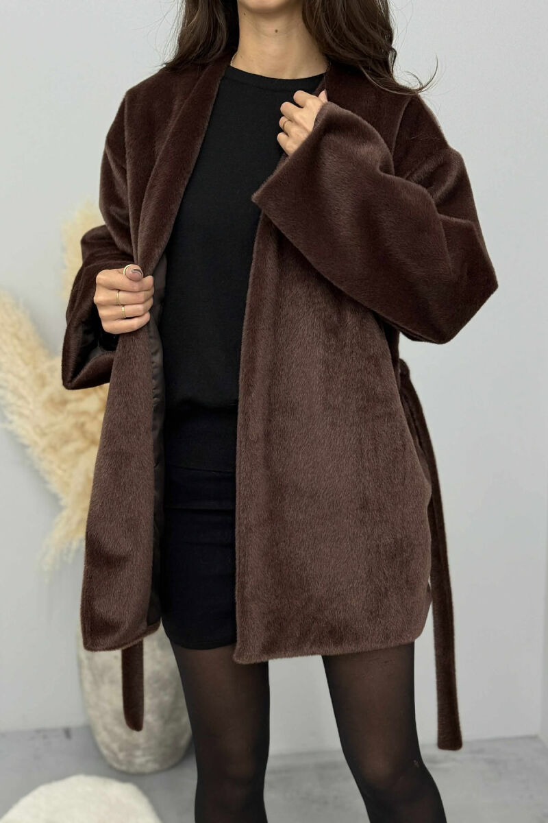 FAUX FUR LACING ONE COLOR WOMEN COAT DARK BROWN/KAE - 2