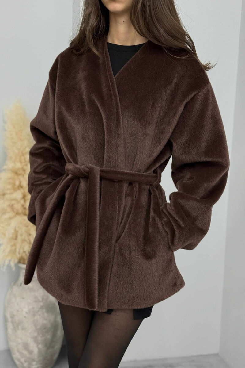 FAUX FUR LACING ONE COLOR WOMEN COAT DARK BROWN/KAE - 3