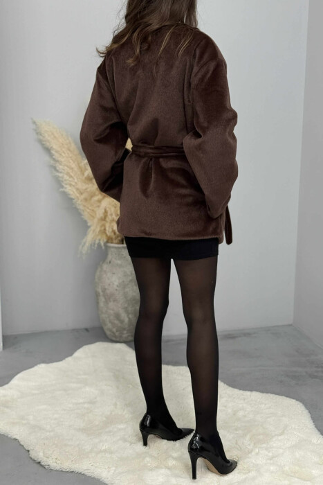 FAUX FUR LACING ONE COLOR WOMEN COAT DARK BROWN/KAE - 5