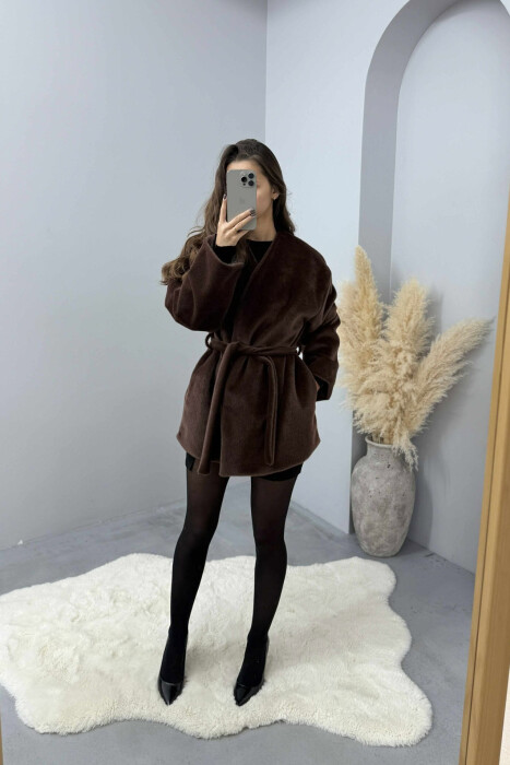 FAUX FUR LACING ONE COLOR WOMEN COAT DARK BROWN/KAE - 6