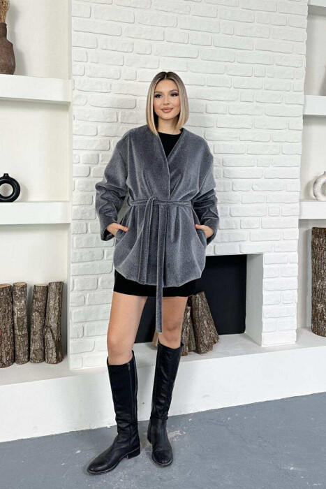 FAUX FUR LACING ONE COLOR WOMEN COAT GREY/GRI - 7