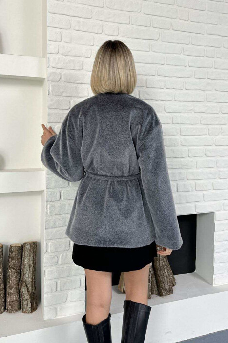 FAUX FUR LACING ONE COLOR WOMEN COAT GREY/GRI - 8
