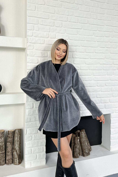 FAUX FUR LACING ONE COLOR WOMEN COAT GREY/GRI - 9