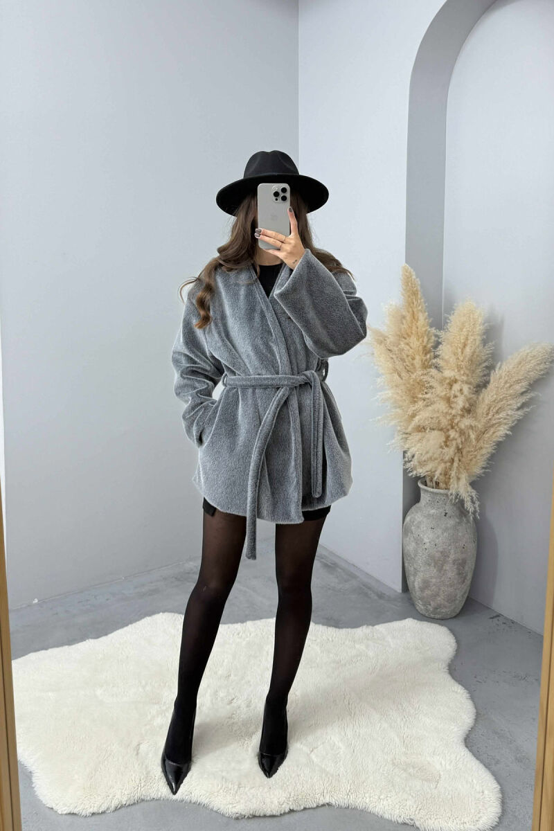 FAUX FUR LACING ONE COLOR WOMEN COAT GREY/GRI - 1