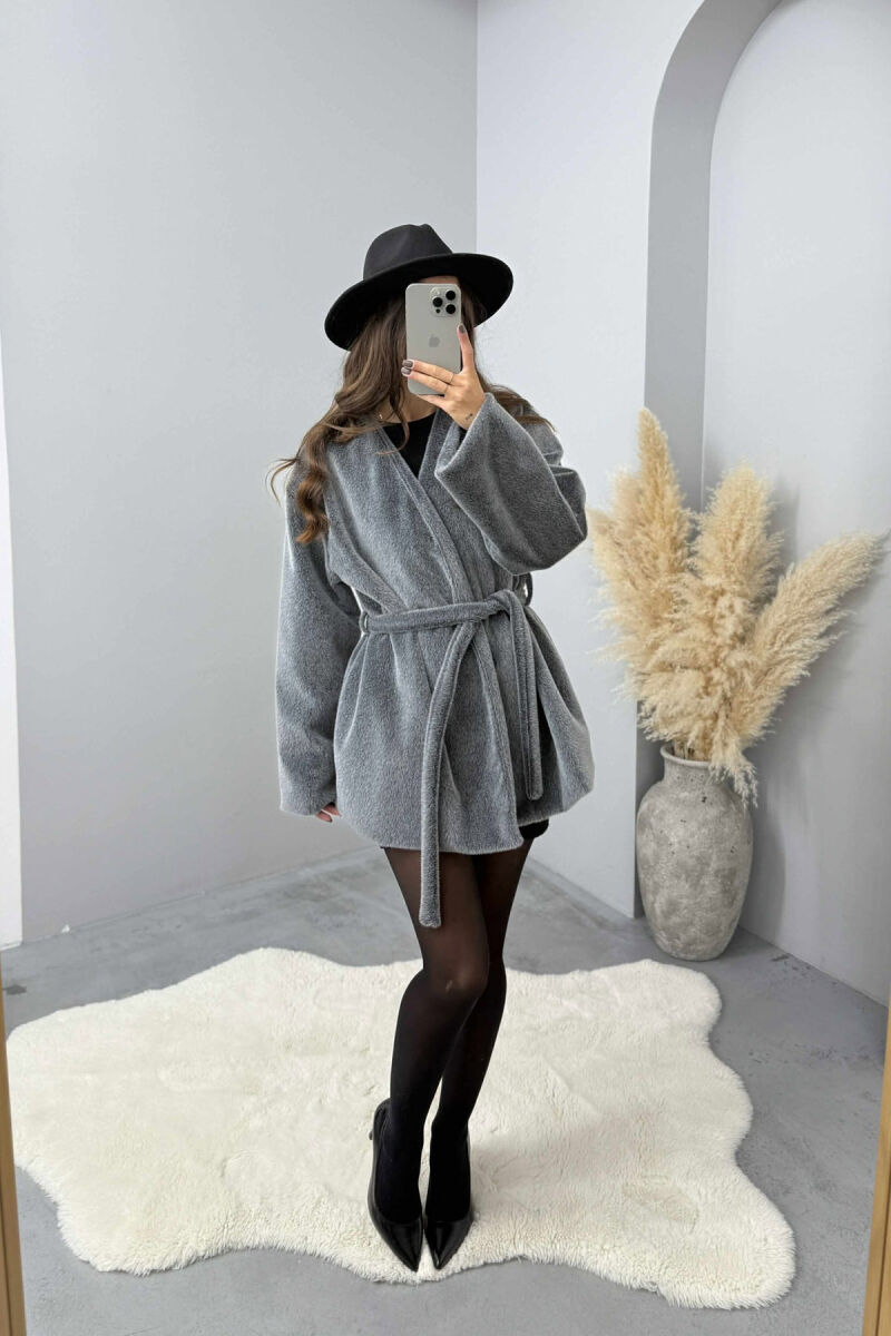 FAUX FUR LACING ONE COLOR WOMEN COAT GREY/GRI - 2