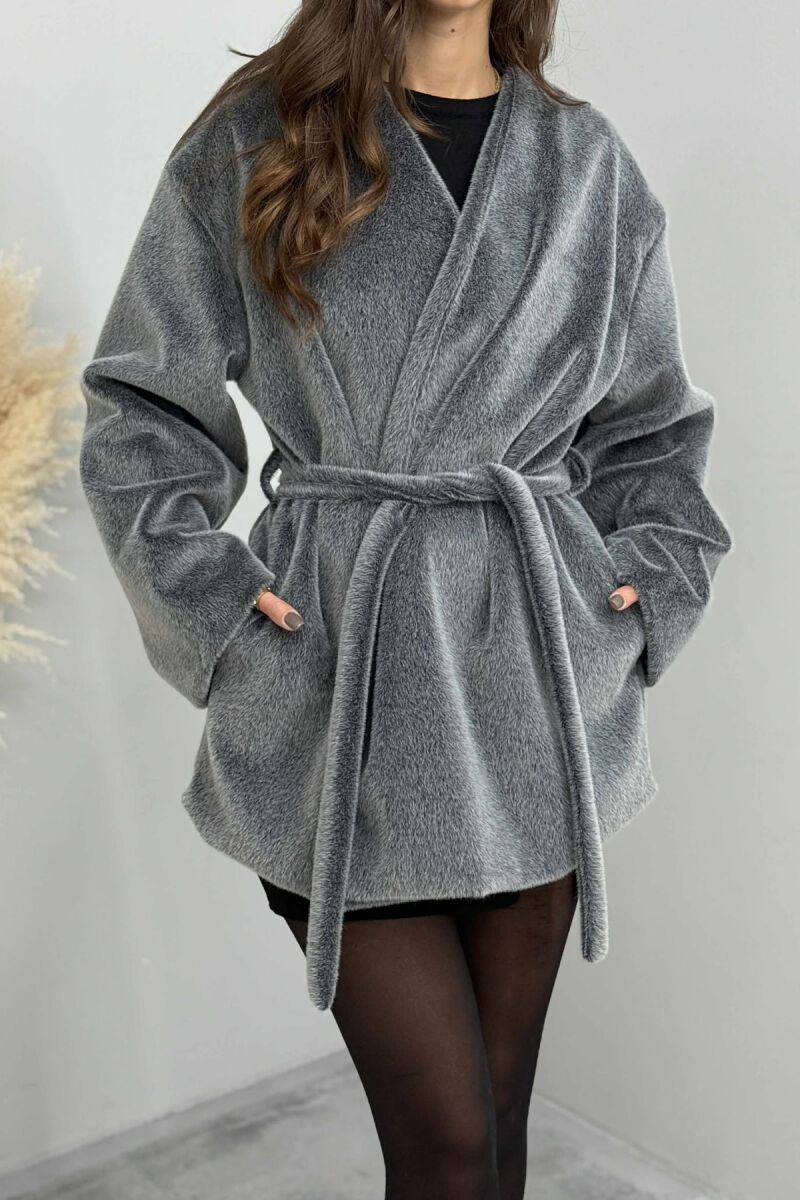 FAUX FUR LACING ONE COLOR WOMEN COAT GREY/GRI - 3