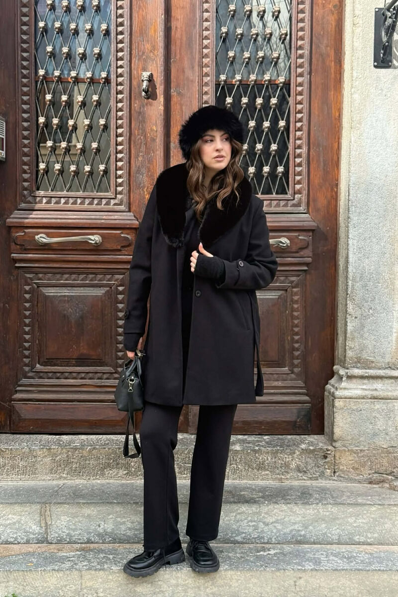 FAUX FUR NECK DETAIL WOMEN COAT BLACK/ E ZEZE - 2