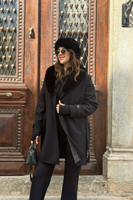 FAUX FUR NECK DETAIL WOMEN COAT BLACK/ E ZEZE - 3