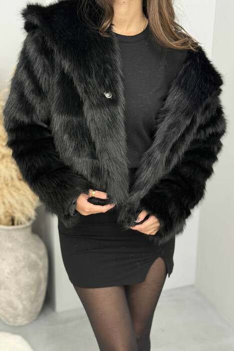 FAUX FUR ONE COLOR WOMEN JACKET BLACK/ E ZEZE - 7