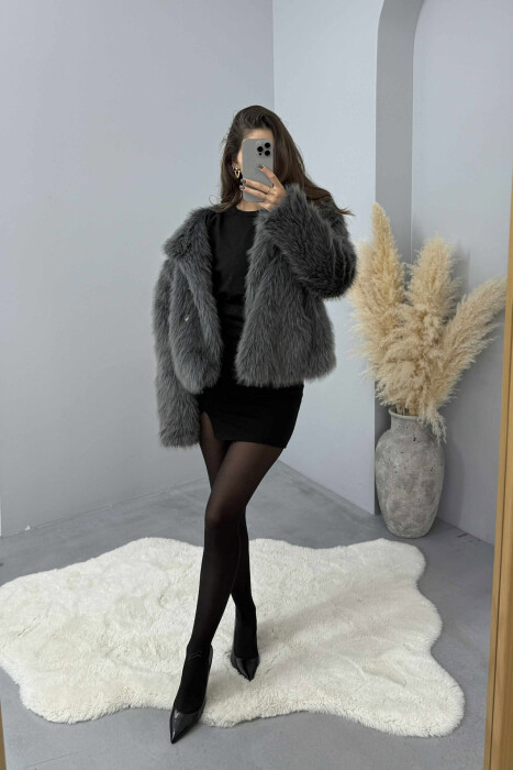 FAUX FUR ONE COLOR WOMEN JACKET DARK GREY/GEE - 1