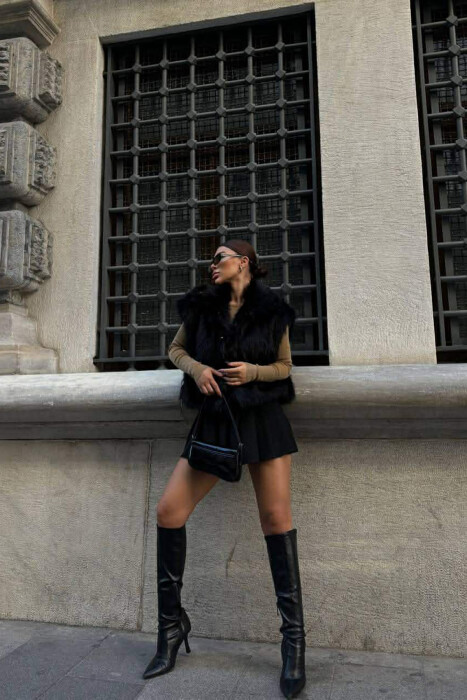 FAUX FUR ONE COLOR WOMEN VEST BLACK/ E ZEZE - 3