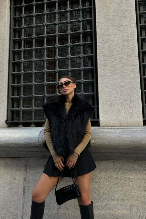 FAUX FUR ONE COLOR WOMEN VEST BLACK/ E ZEZE - 4