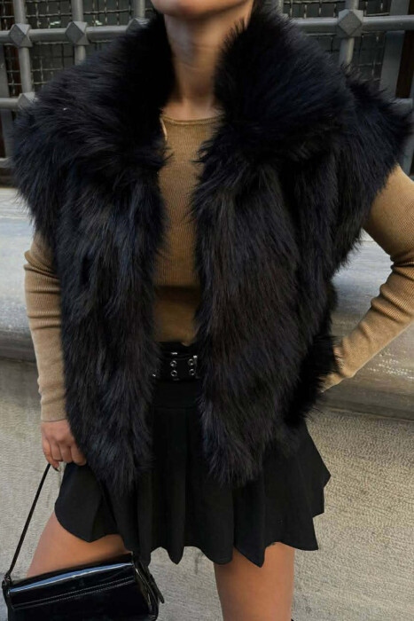 FAUX FUR ONE COLOR WOMEN VEST BLACK/ E ZEZE - 5
