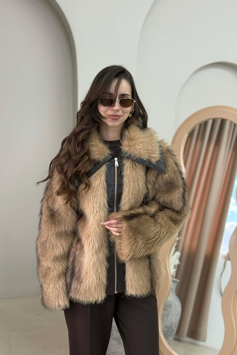 FAUX FUR ZIPPER WOMEN COAT BEIGE/BEZHE - KLAUDIO FASHION