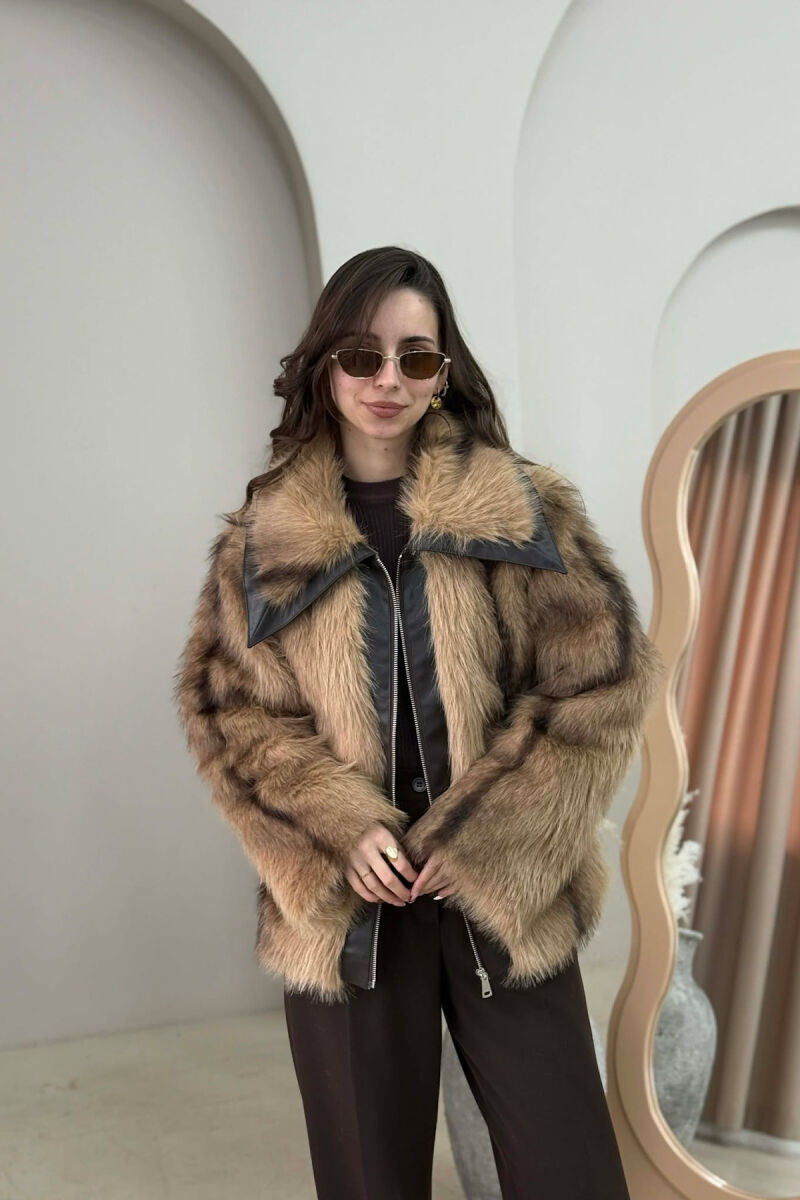 FAUX FUR ZIPPER WOMEN COAT BEIGE/BEZHE - 3